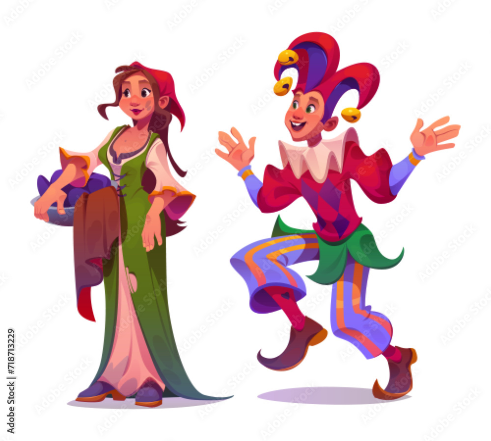 Medieval peasant maid and male jester characters isolated on white background. Vector cartoon illustration of young woman with laundry wearing poor dirty dress, comic joker jumping in colorful costume Medieval peasant maid and male jester characters isolated on white background. Vector cartoon illustration of young woman with laundry wearing poor dirty dress, comic joker jumping in colorful costume