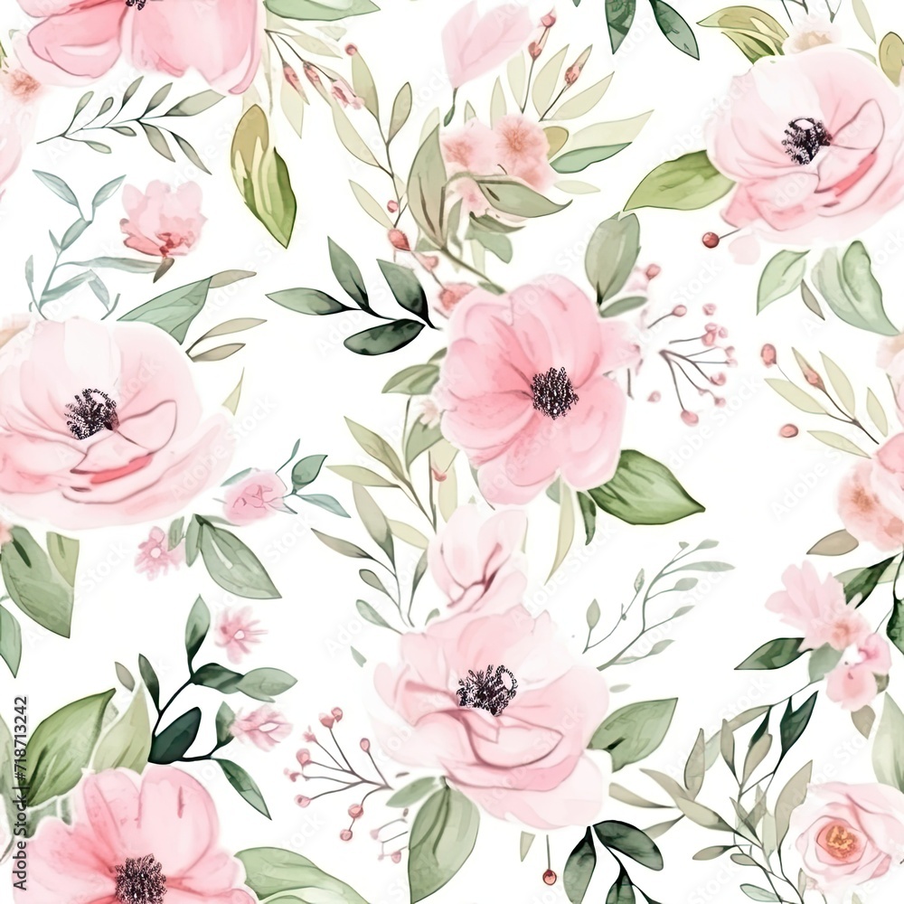 Pink Flowers and Green Leaves on White Background Pattern