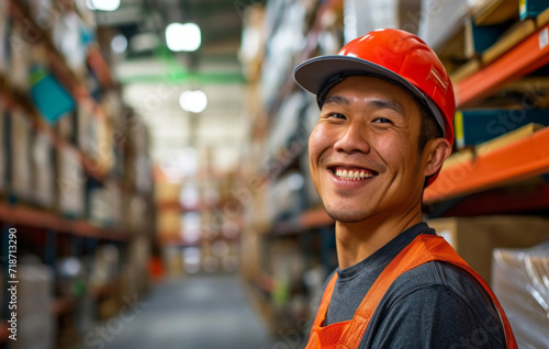 Warehouse, business and man employee or manager checking with happy smile for courier service, delivery or exports. Confident, successful and hard working male at factory for parcels or inventory © MalamboBot/Peopleimages - AI