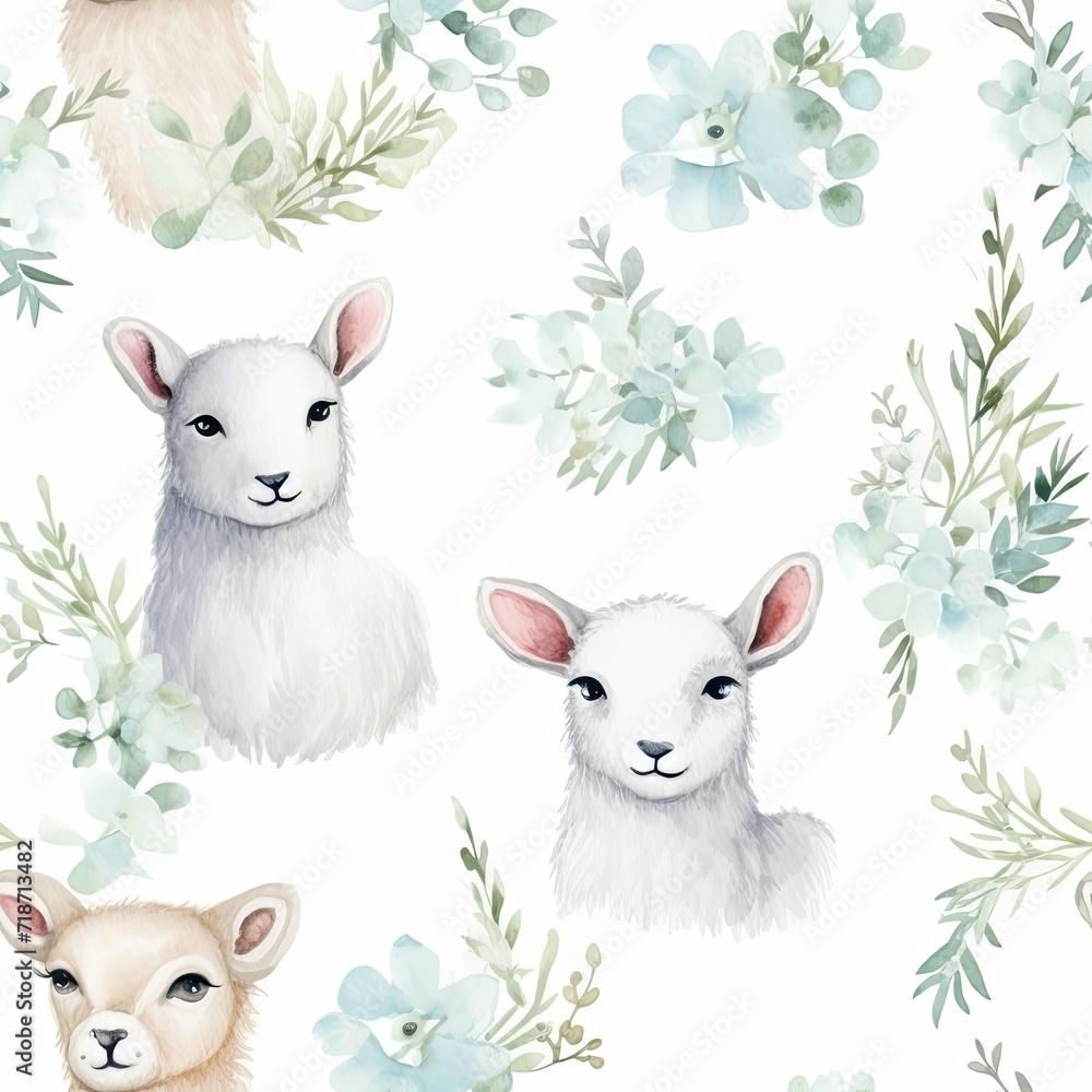 Seamless Pattern of Sheep and Flowers on a White Background Seamless Pattern of Sheep and Flowers on a White Background