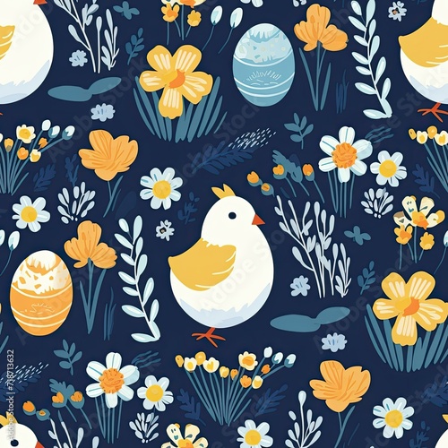Blue Background With Yellow and White Flowers and Eggs Pattern