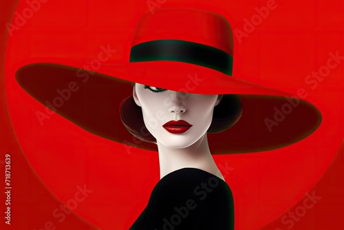 Striking portrait of a woman in a wide-brimmed red hat, contrasting sharply with her porcelain skin and black attire, conveying a sense of mystery and elegance