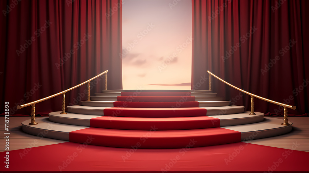 Red carpet staircase with smoke and spotlights, holiday awards ceremony event Red carpet staircase with smoke and spotlights, holiday awards ceremony event