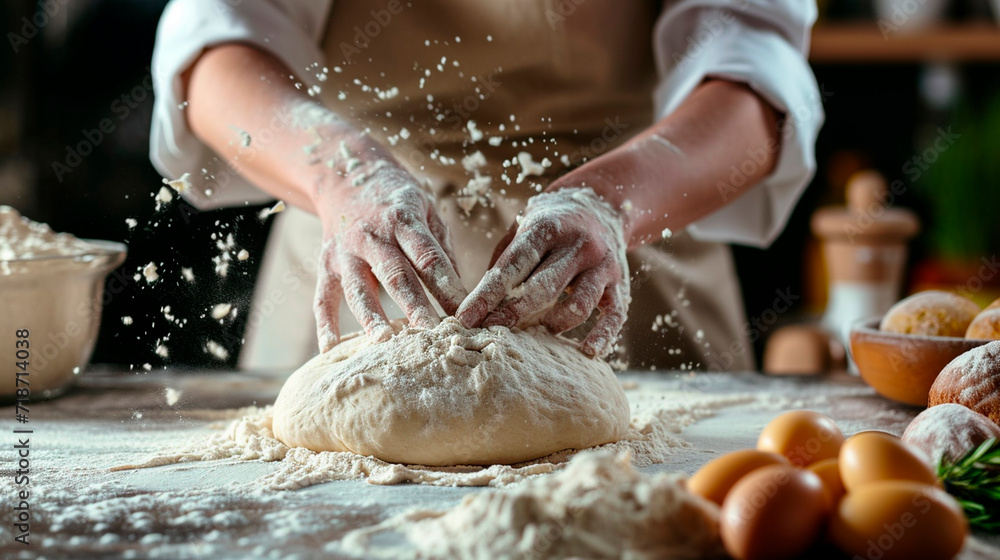 A man cook molds dough with his hands. Selective focus. A man cook molds dough with his hands. Selective focus.