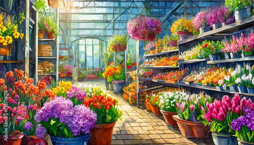 flowers in the greenhouse in the spring, painting art design photo
