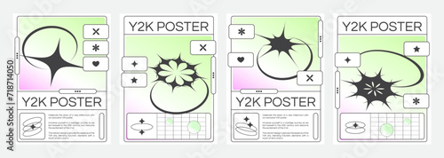 Poster design template in y2k style with star and twinkle simple black elements on pastel soft fluid color gradient background. Set of minimalistic banner layout in 2000s aesthetic with geometry form.