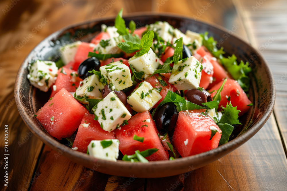 Watermelon feta salad on rustic table