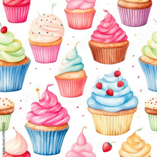 Assorted Cupcakes Arranged on White Surface for Seamless Patterns