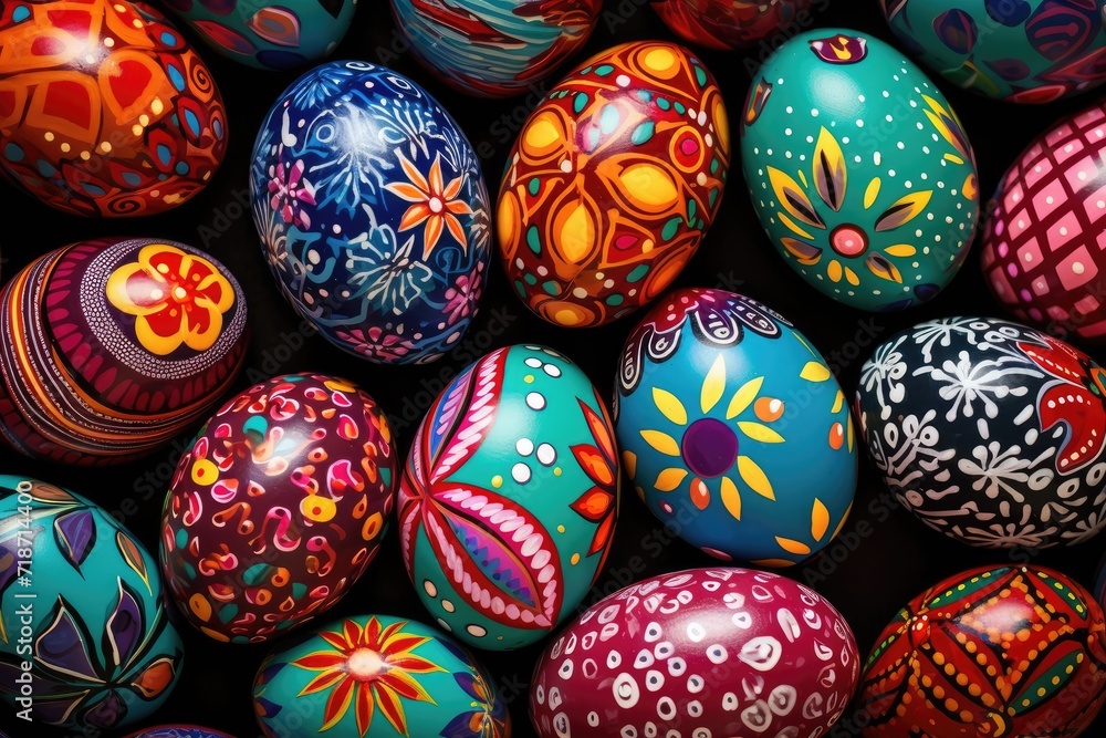 Easter eggs background. Each egg is uniquely decorated with different patterns and colors Easter eggs background. Each egg is uniquely decorated with different patterns and colors