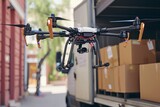 Robotic vertical mobility autonomous micro drone technology. Innovative packaging, payload for export. Dispatch centers coordinate transport of goods, efficiency drone transport & secure cybersecurity