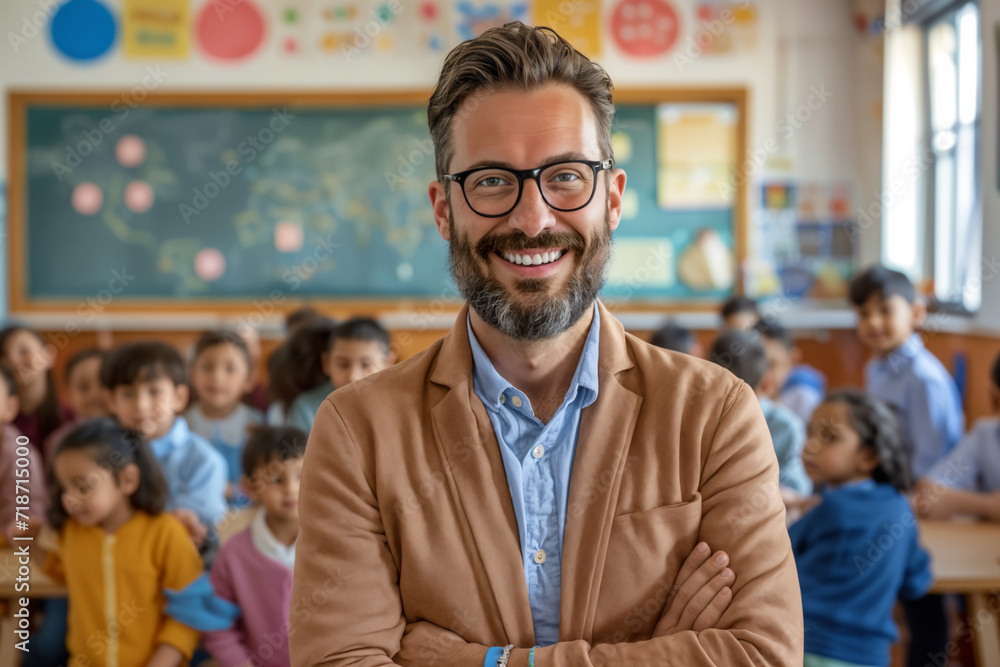 Smiling male teacher in class looking at camera, students studying, Teachers' Day, Children's Day, primary school students, middle school students,rural teacher Smiling male teacher in class looking at camera, students studying, Teachers' Day, Children's Day, primary school students, middle school students,rural teacher