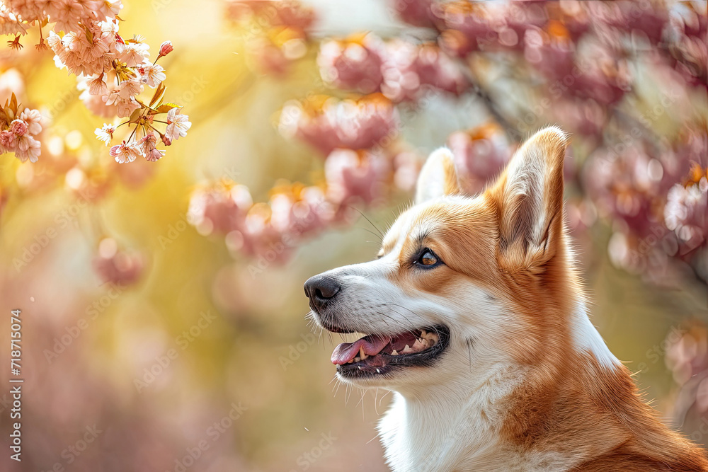 Portrait of a happy corgi dog on background of blooming spring trees Portrait of a happy corgi dog on background of blooming spring trees