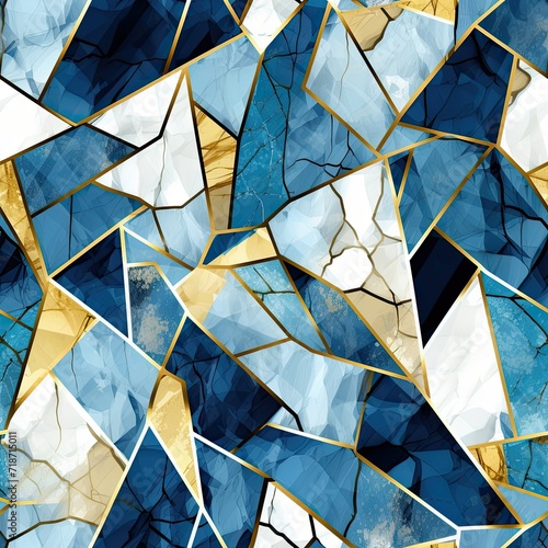 Blue and Gold Mosaic Tile Pattern, Seamless and Elegant Design for Interior Decoration