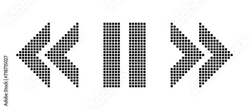 The rewind, pause, and forward buttons black pixel arrows are set against a white background. The player movement or stop in retro video games. Ancient 8-bit symbol
