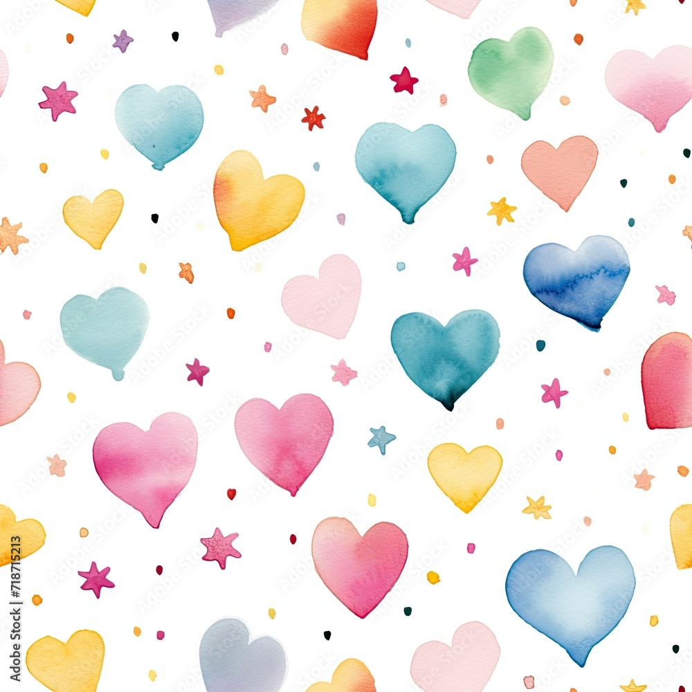 Watercolor Hearts and Stars on White Background Seamless Pattern