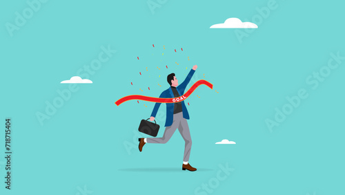 career success or business objective, achieve business goal, happy businessman crossing the ribbon line of business goals concept vector illustration with flat design style