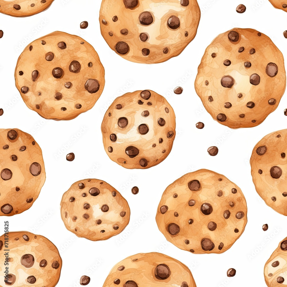 Seamless Pattern of Chocolate Chip Cookies on a White Background Seamless Pattern of Chocolate Chip Cookies on a White Background