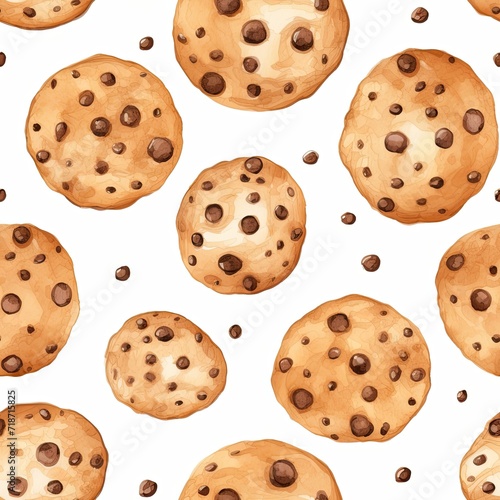 Seamless Pattern of Chocolate Chip Cookies on a White Background