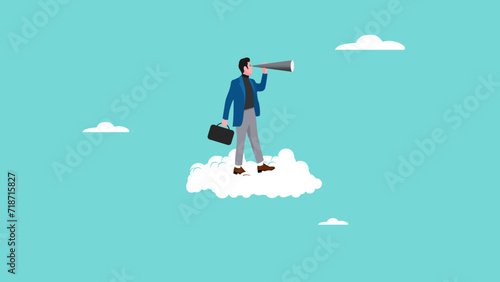 business opportunities, strategy or procedure to achieve business objective, businessman use telescope while climb up on cloud concept vector illustration with flat design style