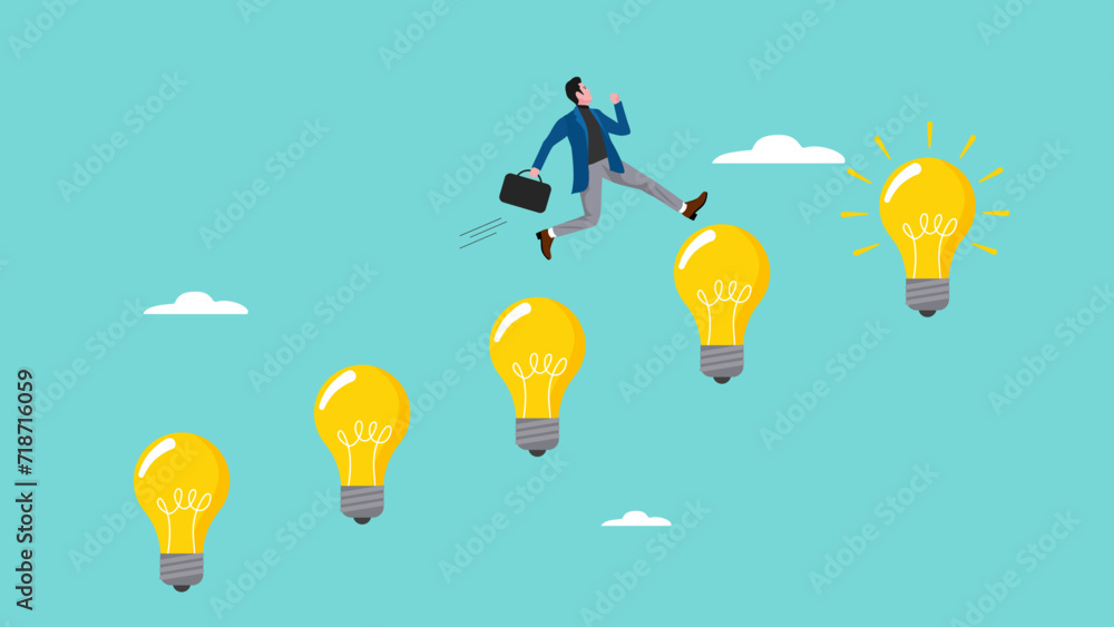 Fototapeta premium knowledge or creativity for career success and financial freedom, strategy or procedure to achieve business success, journey job target action career, businessman climbing stairs from light bulb