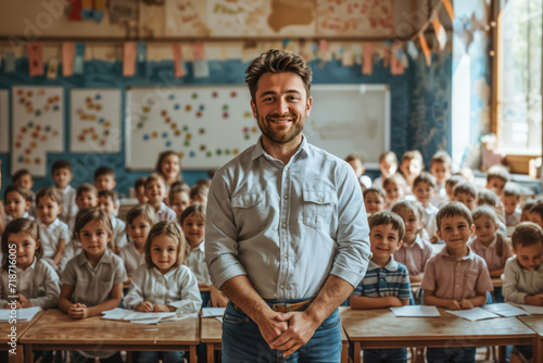 Smiling male teacher in class looking at camera  students studying  Teachers  Day  Children s Day  primary school students  middle school students rural teacher