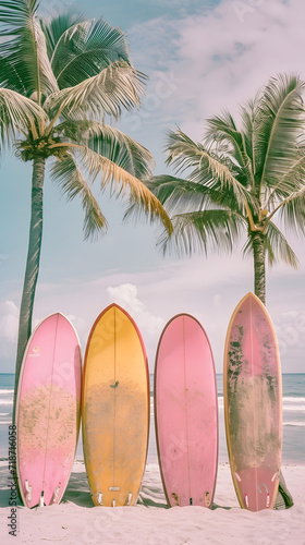 surfboards are dried on the shore near palm trees against the backdrop of the sea