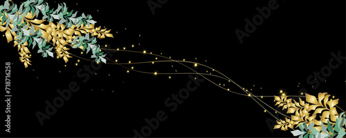 Vector art deco luxury flower, leaves, gold shine line art background. Golden botany banner. Japanese style Hand drawn vector. Line art style design. Hand drawn florals for packaging,coveand wall arts