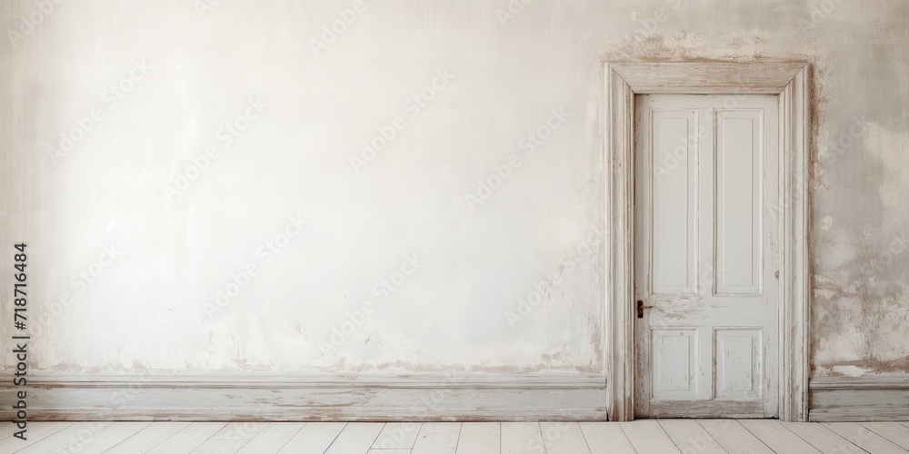 Daytime in old empty room, shabby white wooden door.