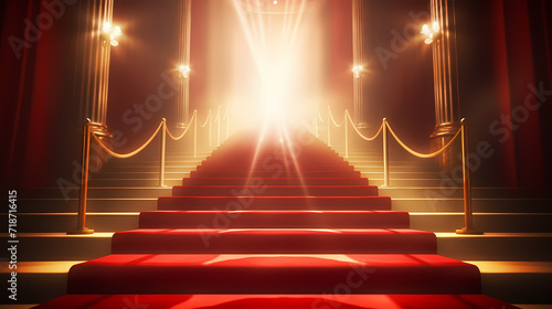 Red carpet staircase with smoke and spotlights, holiday awards ceremony event