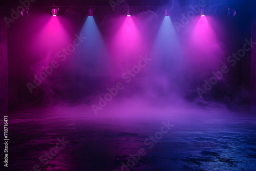 The blue  purple  pink dark stage shows of empty background  neon spotlights with smoke float up for products display
