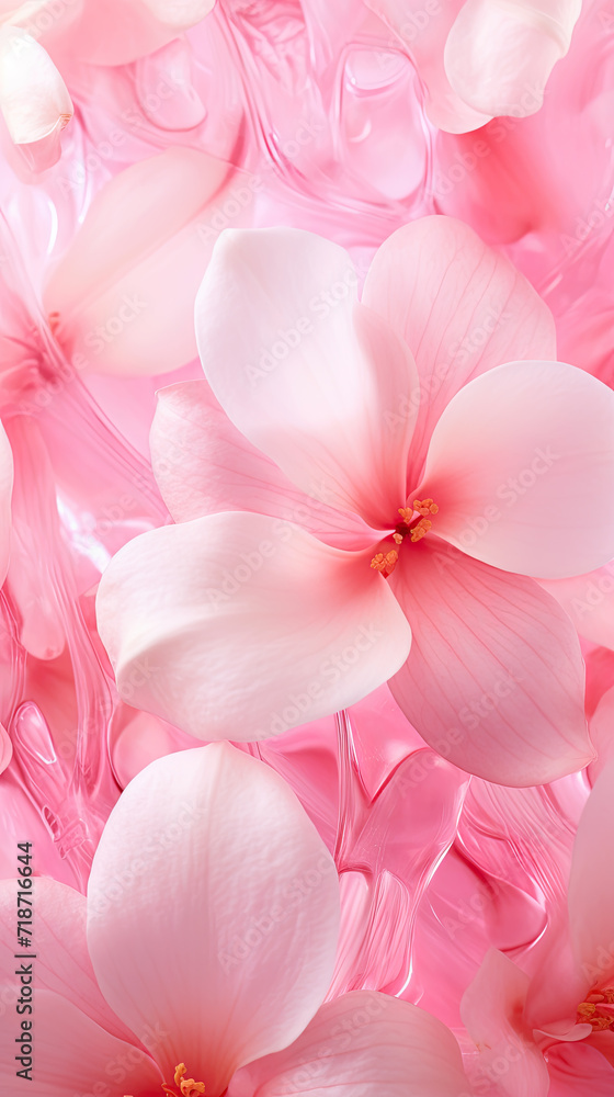 Pink background of frozen flowers in ice, concept of cryotherapy for skin care. Elegant pink petals in ice. Delicate texture. Frosty beautiful natural winter or spring background.