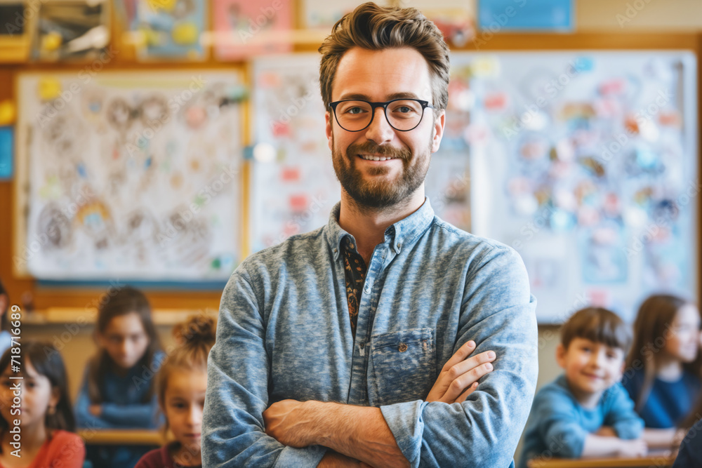 Smiling male teacher in class looking at camera, students studying, Teachers' Day, Children's Day, primary school students, middle school students,rural teacher Smiling male teacher in class looking at camera, students studying, Teachers' Day, Children's Day, primary school students, middle school students,rural teacher