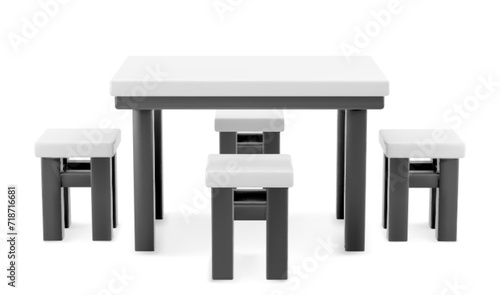 3D table and chairs isolated on white background. Vector realistic illustration of plastic or metal furniture mockup for trade fair booth, restaurant, home kitchen or dining room, clean tabletop