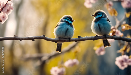 Gioiosi Uccellini- Piccoli Amici Piumati su un Ramo nel Parco Primaverile, Alta Risoluzione photo