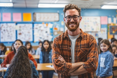 Smiling male teacher in class looking at camera, students studying, Teachers' Day, Children's Day, primary school students, middle school students,rural teacher