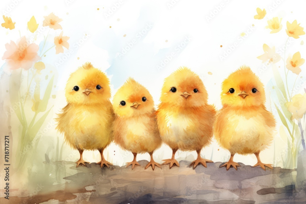 watercolor little chicks background. Spring, Easter, new life, birth card, banner
