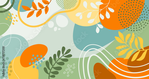 Colorful poster background vector illustration.Exotic plants, branches,art print for beauty, fashion and natural products,wellness, wedding and event.