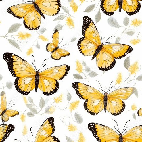 Group of Yellow Butterflies Flying Seamless Pattern