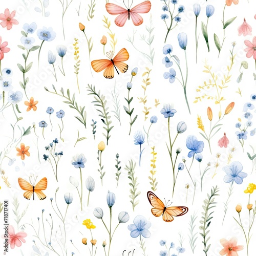 Watercolor Painting of Flowers and Butterflies