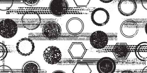 Tire track seamless and stamps pattern. Grange tread marks .Grunge textured vector car tread . Car trails endless pattern texture. Tyre track seamless texture. Wheel tire tread track background
