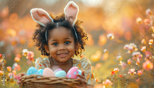 Cute African American little girl with painted Easter eggs in basket and bunny ears in hair decoration in hair background. Stylish spring design portrait with eggs and flowers. Happy Easter Holiday  photo