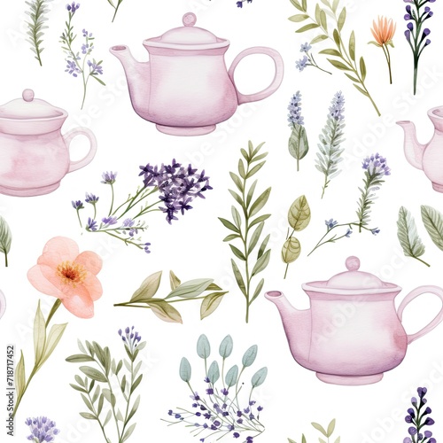 Watercolor Teapots and Flowers Seamless Pattern