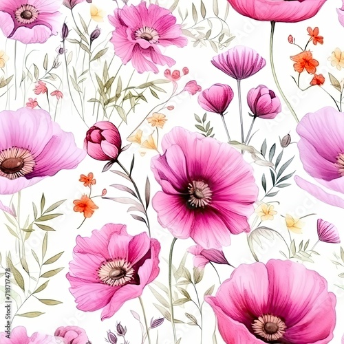 Pink Flowers and Green Leaves on White Background Seamless Pattern