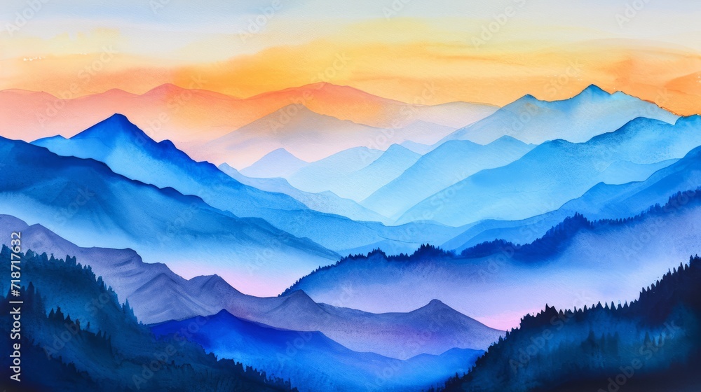 Watercolor landscape featuring a mountain view, Misty mountains watercolor background. Beautiful simple painting of mountains.