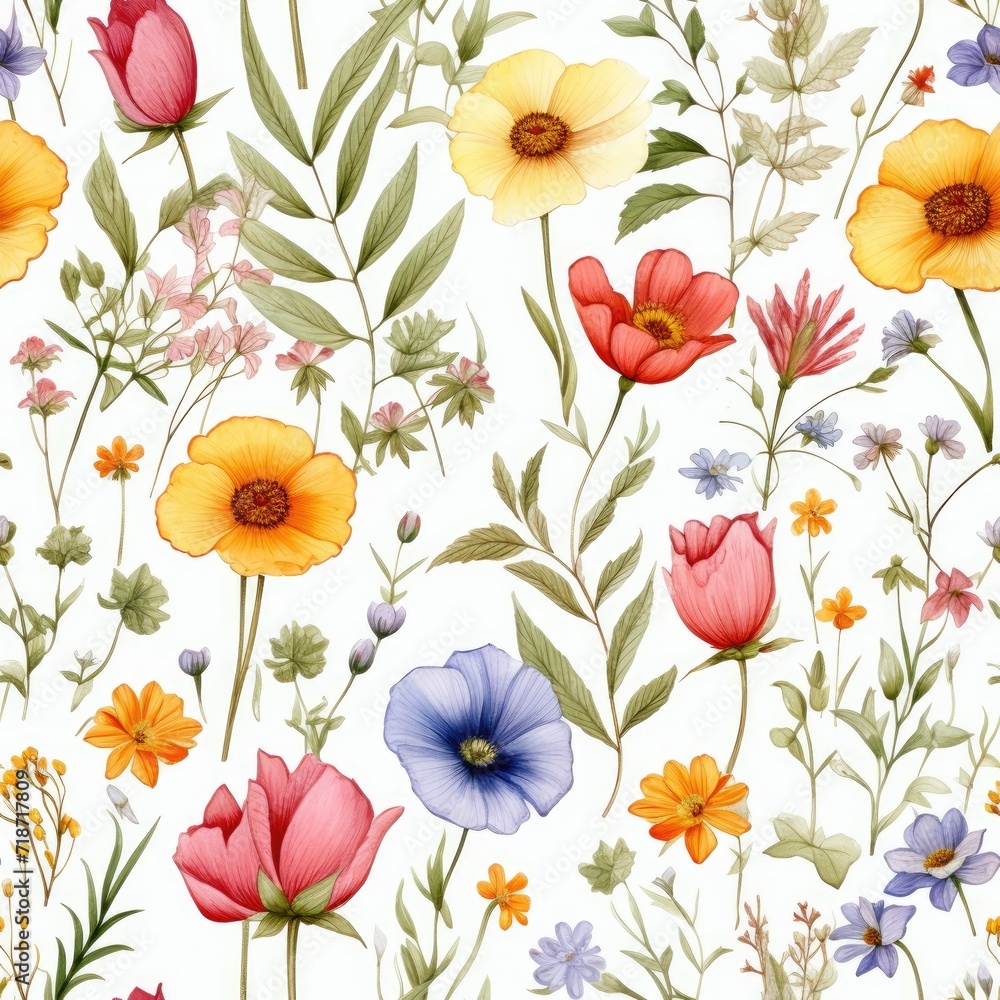 Colorful Flower Seamless Pattern on White Background
