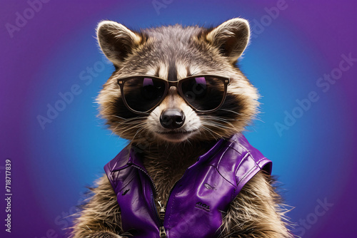 raccoon wearing sunglasses on purple background © IOLA