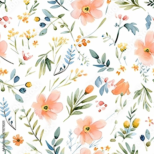 Pink Flowers and Green Leaves on White Background - Seamless Pattern