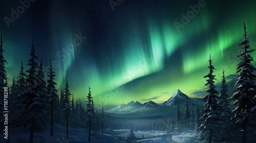Aurora borealis winter landscape. Generative AI