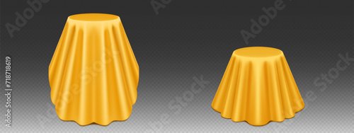 3D set of round podiums covered with yellow silk cloth. Vector realistic illustration of tall and low stage mockups under golden satin fabric drapery isolated on transparent background, presentation