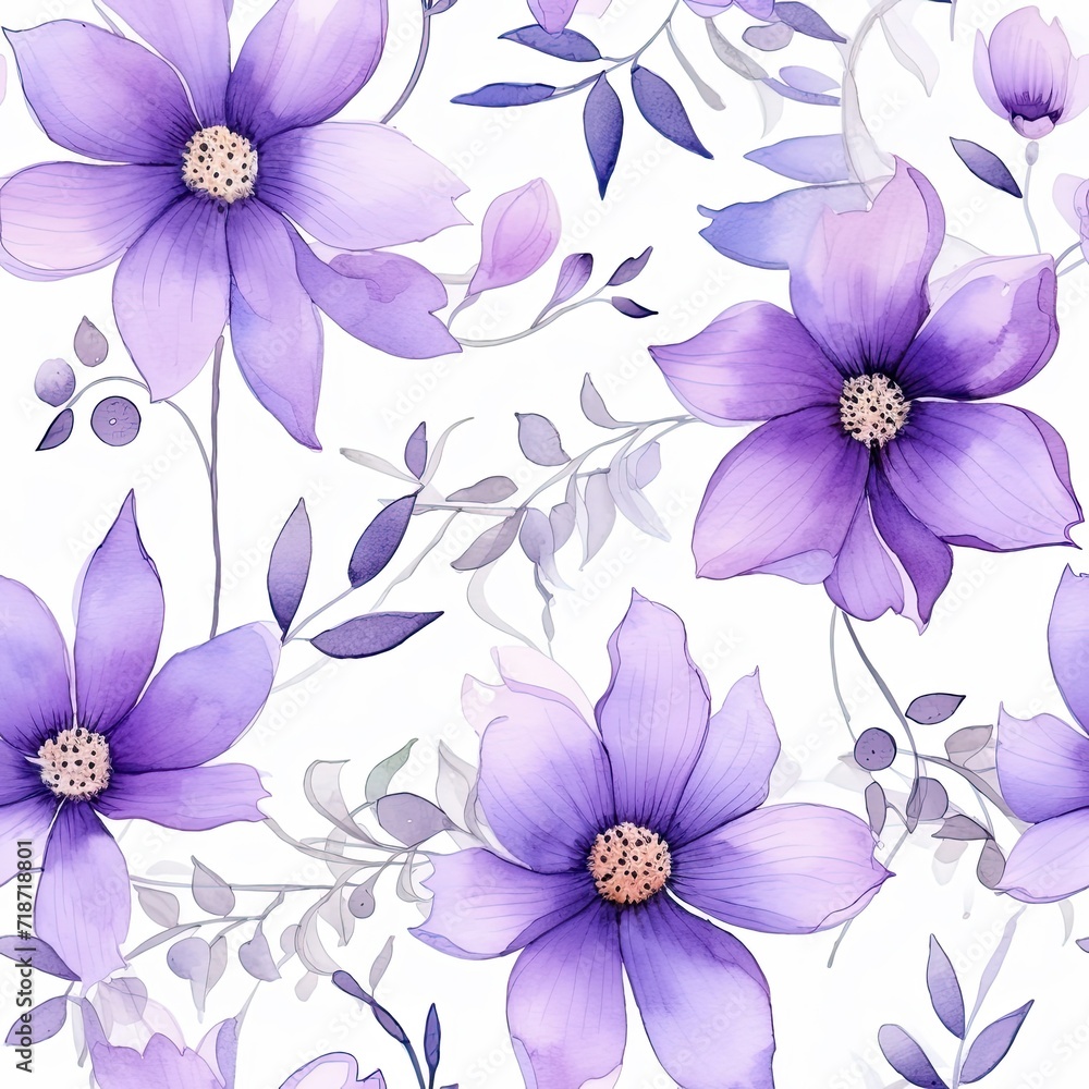 Painting of Purple Flowers on White Background - Seamless Pattern Design
